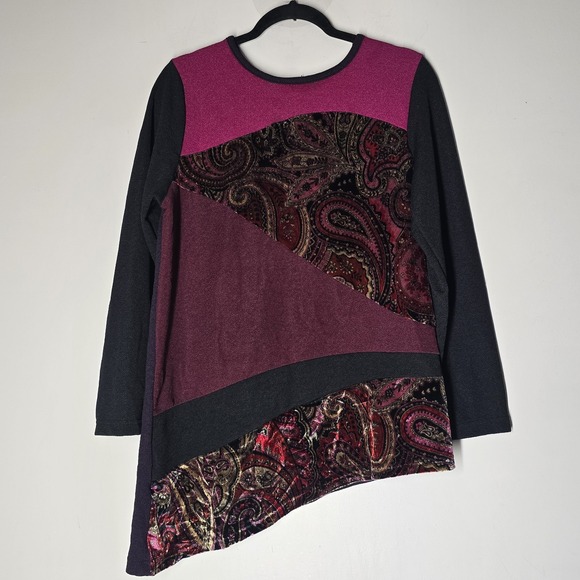 Koos of Course Colorblock Paisley Velvet Tunic Top Size M Boho Fairy Asymmetric - Picture 1 of 7